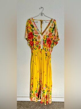 Farm Rio x Anthropologie Samara Boho Floral Maxi Dress Tropical Resort Yellow M